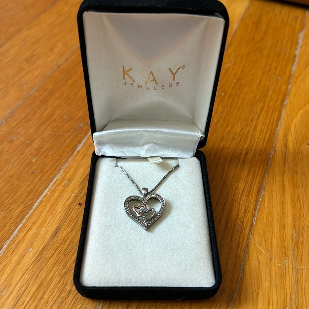Kay Jewelers silver and 10k rose gold double heart necklace diamond